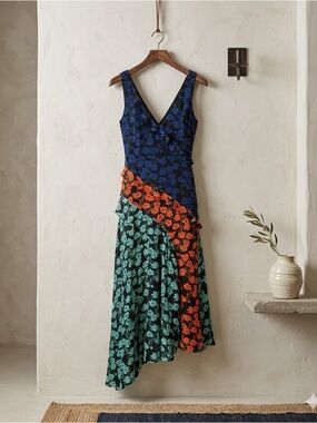 Saloni Aggie Navy Poppy Floral Silk Sleeveless Asymmetric Midi Dress Size 6